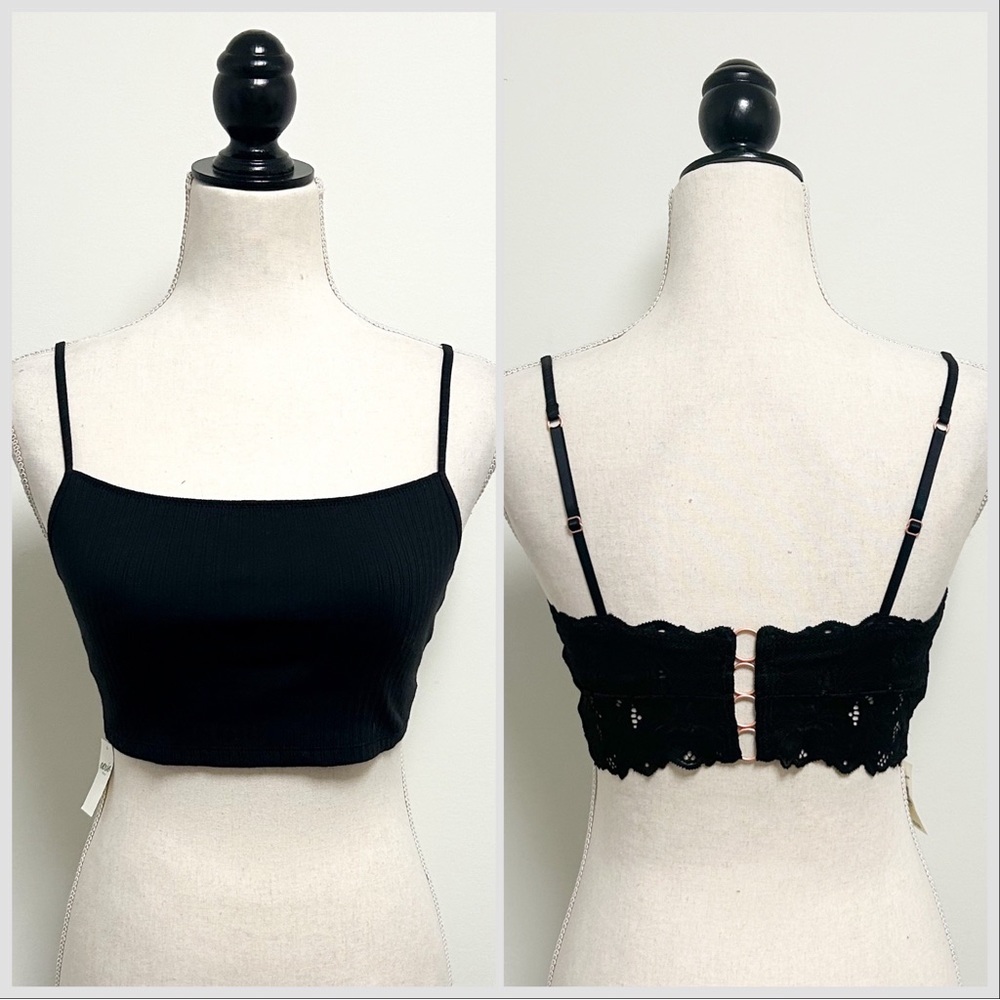 Aerie Black Beach Daze Ribbed Lace Cropped Rose Gold Rings Bra Top Small NWT